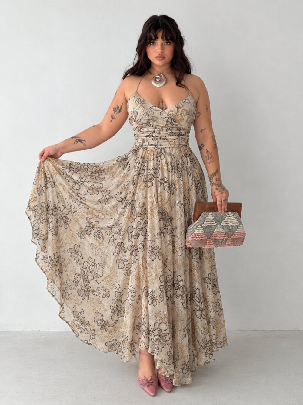 BCBG Silk Cream Midi Dress Size 6 Formal Metallic (c1)